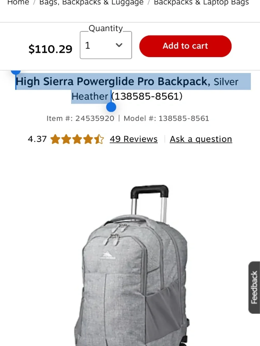 High Sierra Powerglide Pro Backpack, Silver Heather